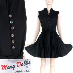 S M Vintage 1960s MARY DOBBS Black Rhinestone Buttons Mod MCM Mini Dress 60s